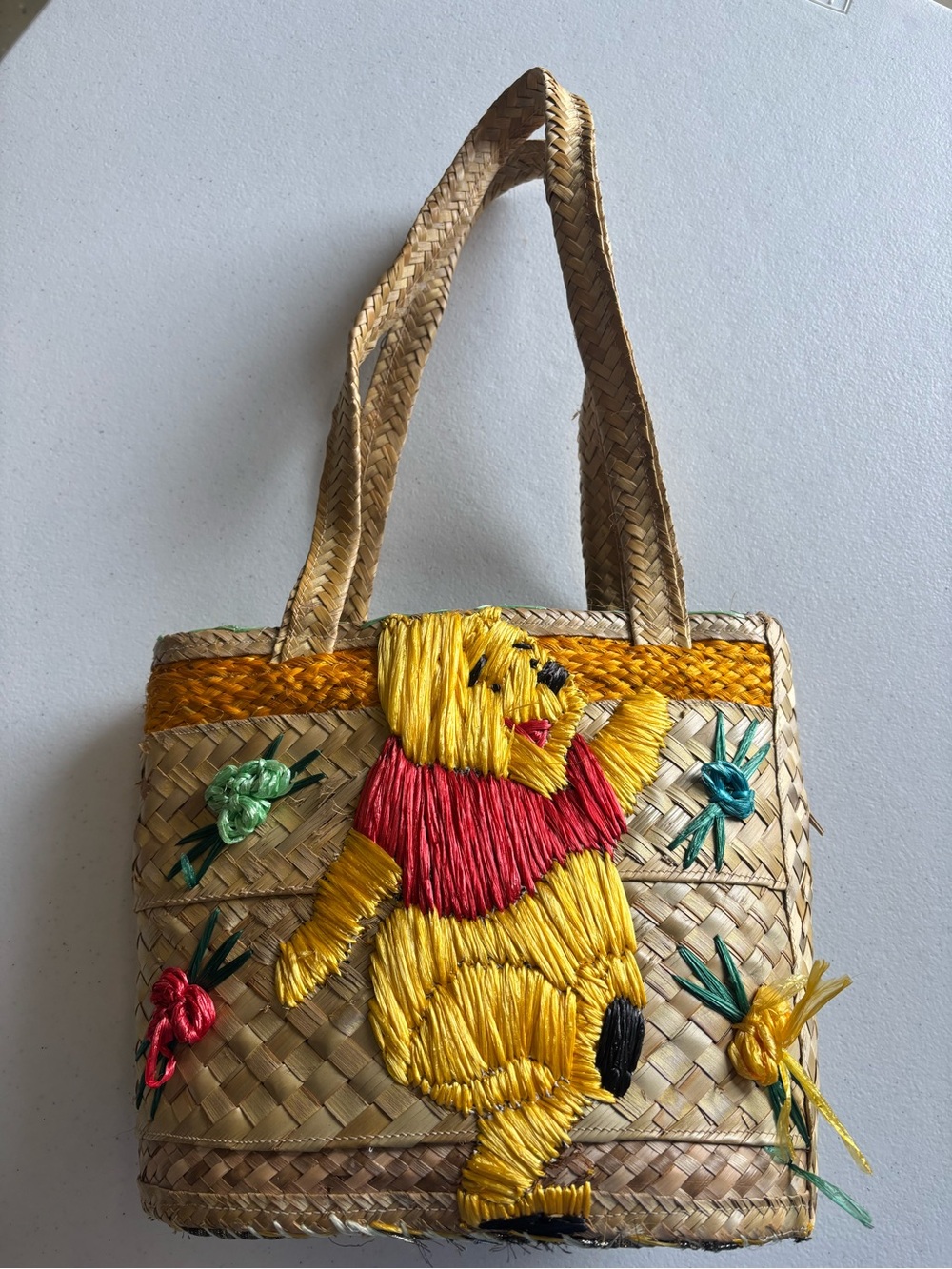 Handwoven Straw Tote with Winnie the Pooh. - Picture 3 of 6